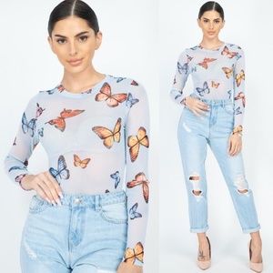 🦋 Light Blue Butterfly Sheer Mesh Long Sleeve Top